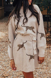 Fiercely in Love Leopard Print Mock Neck Removable Belt Sweatshirt Mini Dress